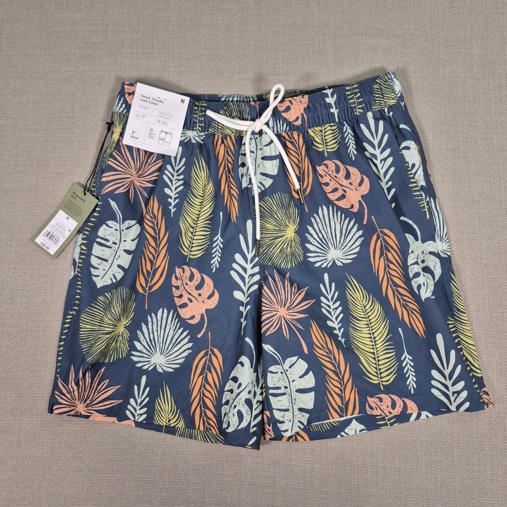 Goodfellow & Co Mens Navy Tropical Leaf Swim Trunks 7" Inseam Size M NEW